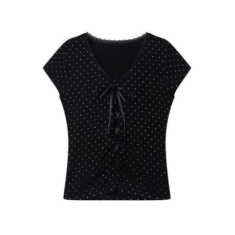 tシャツ ドット柄 リボン レース Vネック ショート丈 トップス スリムフィット ピチT タイトフィット 半袖 レトロ 大人可愛い ガーリー DTCA-897167822699