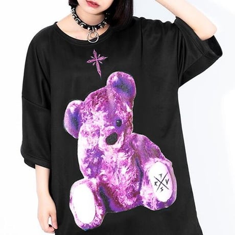 【2カラー】 ユニセックス Tシャツ 半袖 クマちゃん ベアー バックプリント オーバーサイズ 韓国ファッション メンズ レディース ストリート系ファッション DTC-623336890404