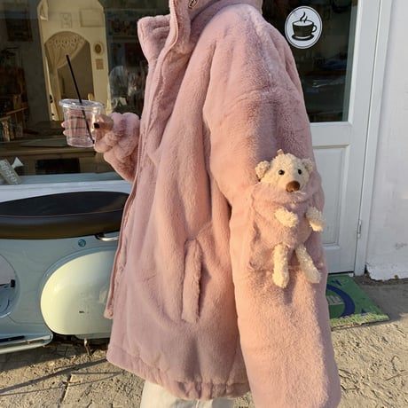 クマのぬいぐるみ付き ボアジャケット ボアブルゾン ゆったり アウター レトロ 韓国ファッション レディース 大人可愛い ガーリー フェミニン カジュアル DTC-657634169827