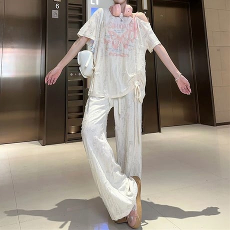 セットアップ 単品 ユーズド加工 Tシャツ ワイドパンツ ホルターネック ワンショルダー ドロスト 半袖 レトロ 韓国ファッション レディース 大人可愛い ガーリー DTC-805276142417