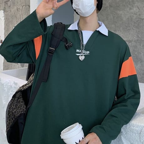 ユニセックス バイカラー ポロシャツ 長袖 オーバーサイズ 韓国ファッション メンズ レディース トップス ルーズ カジュアル ストリートファッション DTC-653571995078