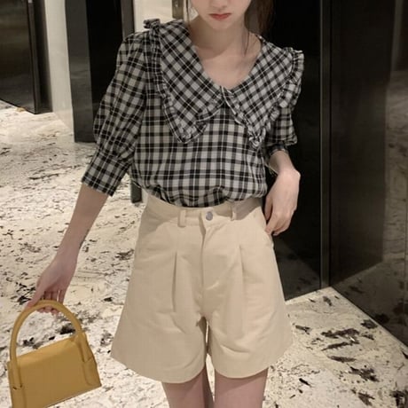 チェック柄 ブラウス 大きい襟 パフスリーブ 七分袖 レトロ 韓国ファッション レディース 大人可愛い ガーリー フェミニン DTC-676701201593