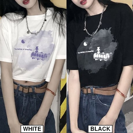 Tシャツ クロップド丈 半袖 フロントプリント トップス ショート丈 クルーネック レトロ 韓国ファッション レディース 大人可愛い ガーリー カジュアル DTC-647653058151