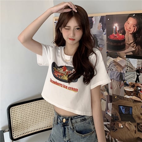 Tシャツ 半袖 ショート丈 ホワイト ストロベリーケーキ プリント 韓国ファッション レディース トップス かわいい カジュアル シンプル ガーリー DTC-621069135531_wt