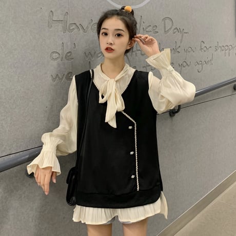 フェイクレイヤード ブラウス 韓国ファッション レディース ボウタイ ベルスリーブ 長袖 春 秋 冬 大人カジュアル 韓国  (DTC-605384245024)
