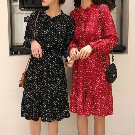 レディース 長袖ワンピース ミモレ丈 ドット柄 ワンピース フレア リボン 韓国ファッション オルチャン (DCT-587243195150)