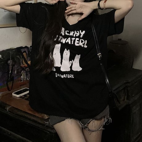 Tシャツ 猫プリント Vネック トップス 半袖 オーバーサイズ ルーズ レトロ 韓国ファッション レディース 大人可愛い ガーリー カジュアル DTC-711400135117