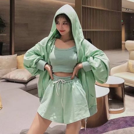 セットアップ 3点セット ジップアップ パーカー ショートパンツ キャミソール 上下セット 薄手 ルーズ レトロ 大人可愛い ガーリー カジュアル スポーツミックス DTCA-660018365532
