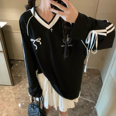ユニフォーム風 トップス サイドライン リボン プルオーバー ロンT tシャツ Vネック オーバーサイズ ルーズ 長袖 レトロ 大人可愛い ガーリー カジュアル DTCA-839618355803