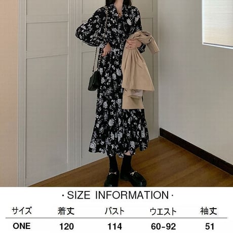 花柄 ワンピース Vネック 長袖 ハイウエスト ロング丈 韓国ファッション レディース 大人可愛い ガーリー フェミニン レトロ DTC-654775842535