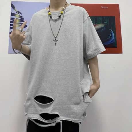 ユニセックス tシャツ ダメージ加工 半袖 オーバーサイズ カジュアル 韓国ファッション メンズ レディース ストリートファッション DTC-618883841543