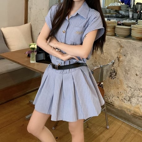 ストライプ柄 シャツワンピース 半袖 プリーツ ショート丈 ミニワンピース Aライン ワンピース レトロ 大人可愛い ガーリー 韓国ファッション レディース DTC-793096900642