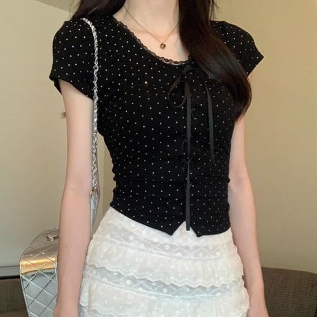 tシャツ ドット柄 リボン レース Vネック ショート丈 トップス スリムフィット ピチT タイトフィット 半袖 レトロ 大人可愛い ガーリー DTCA-897167822699
