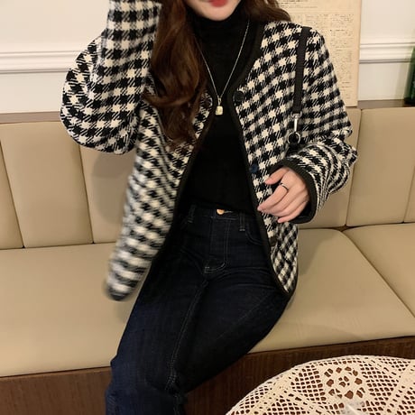 チェック柄 ショートジャケット ノーカラー 襟なし シングルブレスト 長袖 ルーズ レトロ 韓国ファッション レディース 大人可愛い ガーリ DTC-657458574513
