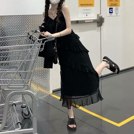 ティアードフリル キャミワンピース Vネック ロング丈 ハイウエスト レトロ 韓国ファッション レディース 大人可愛い ガーリー フェミニン DTC-674730006159