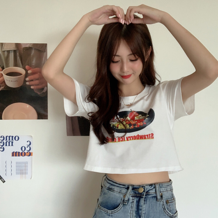 Tシャツ 半袖 ショート丈 ホワイト ストロベリーケーキ プリント 韓国 