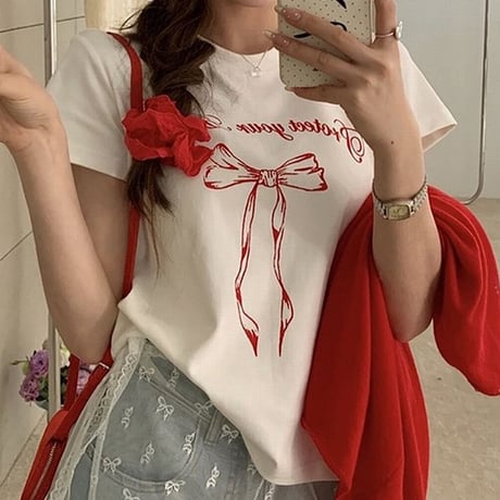 リボンプリント Tシャツ 半袖 クルーネック トップス レタープリント シンプル ルーズ レトロ 大人可愛い ガーリー カジュアル DTCA-775047425133