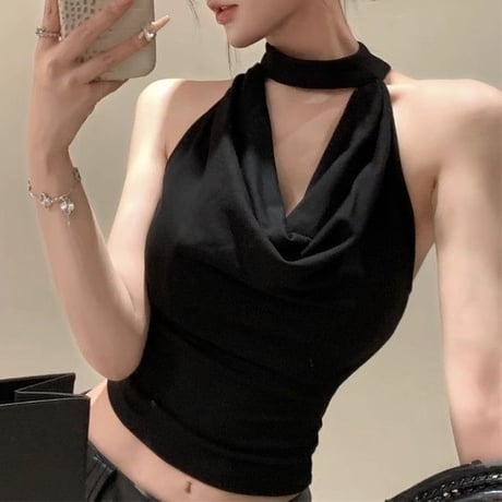 オープンバック ノースリーブ トップス ホルターネック タンクトップ バックオープン バックレス 背中開き tシャツ スリムフィット レトロ 大人可愛い ガーリー DTCA-888244191236