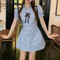 2点セット リボン ストライプ柄 シャツワンピース ショートパンツ 薄手 ポロカラー ミニワンピース 半袖 パフスリーブ Aライン レトロ 大人可愛い ガーリー DTCA-727562704082