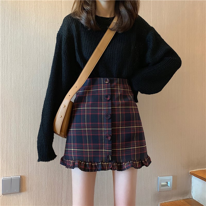 在庫処分 半額 チェック柄 A ショート フロントボタン 裾フリル ミニスカート 服&ファッション小物