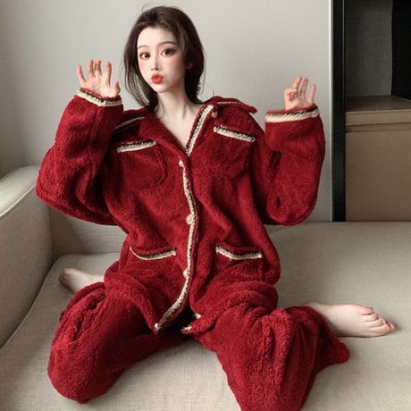 ルームウェア パジャマ セットアップ フリース プラスベルベット トップス + パンツ 長袖 上下セット 韓国ファッション レディース もこもこ ガーリー 633794682654