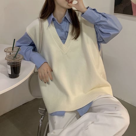 2点セット シャツ ニットベスト Vネック レイヤード ゆったり トップス レトロ 韓国ファッション レディース 大人可愛い ガーリー カジュアル DTC-652316612772