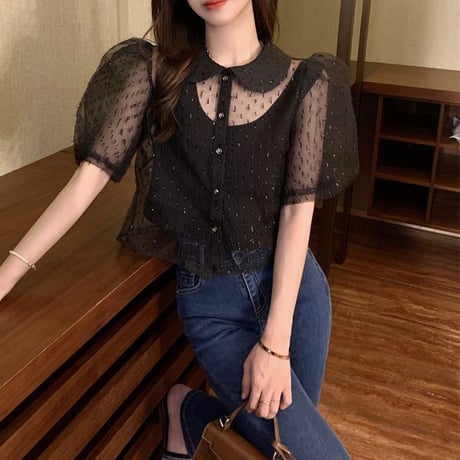 インナー付き シースルー ブラウス シャツ ボリューム袖 パフスリーブ 襟付き 半袖 レトロ 韓国ファッション レディース 大人可愛い ガーリー フェミニン DTC-674662565798