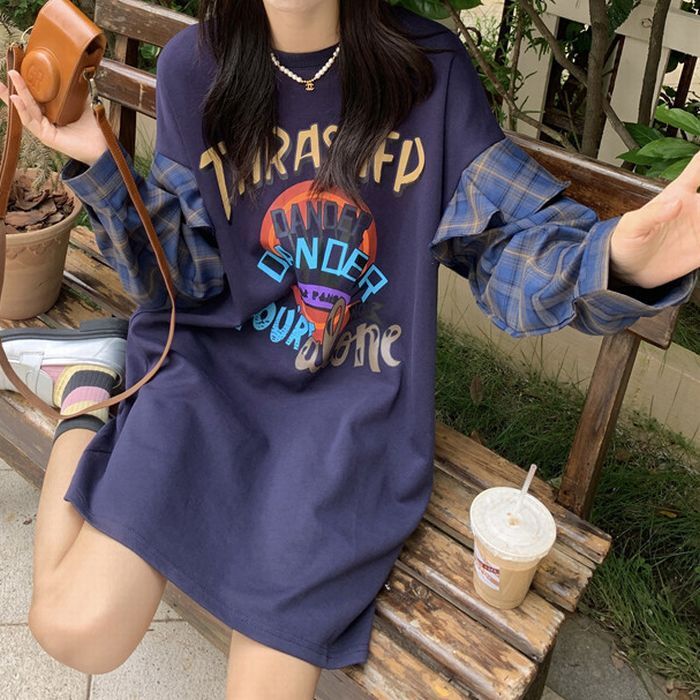 重ね着風 トップス フェイクレイヤード Tシャツ 切替 チェック柄 長袖