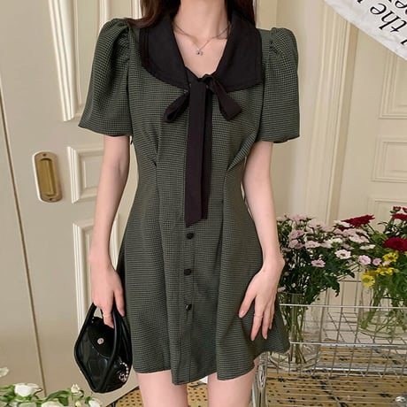 千鳥柄 ワンピース リボンタイ バルーンスリーブ ミニワンピース ハイウエスト 半袖 レトロ 韓国ファッション レディース 大人可愛い ガーリー DTC-675133574214