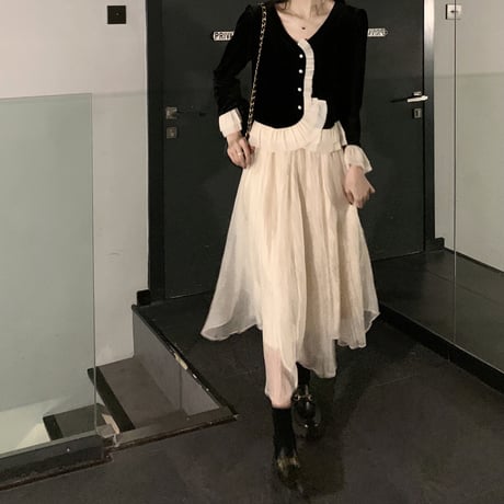 セットアップ フリルブラウス ロングスカート ハイウエスト ウエストゴム 長袖 レトロ 2点セット 韓国ファッション レディース 大人可愛い ガーリー フェミニン DTC-666978749022