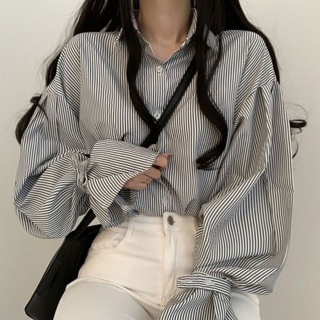 ストライプ柄 ブラウス パフスリーブ 袖ベルト シャツ トップス ルーズ 長袖 レトロ 韓国ファッション レディース 大人可愛い ガーリー DTCA-781970734875