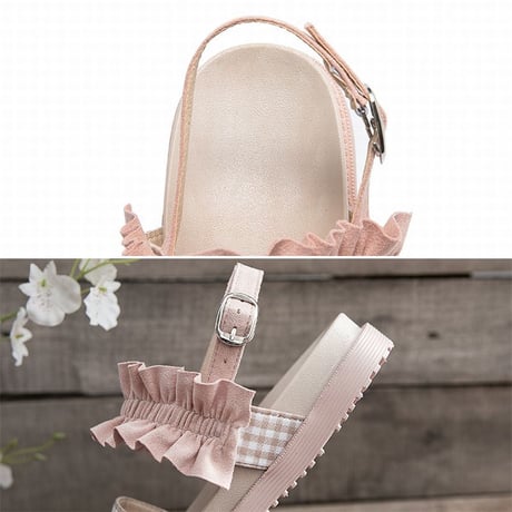 チェック柄 サンダル フリル 22.5～25.0cm アンクルストラップ 厚底サンダル かわいい 歩きやすい フェミニン DTC-614103536889