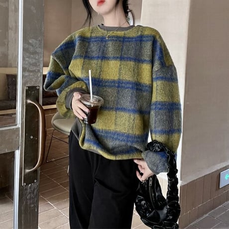 チェック柄 トレーナー 起毛 裏起毛 プルオーバー 厚手 トップス 防寒 長袖 ゆったり レトロ 韓国ファッション レディース 大人可愛い ガーリー カジュアル DTC-660967091808