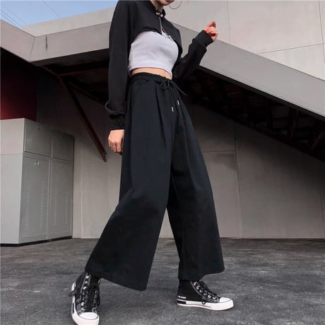 ユニセックス ワイドパンツ S M L XL ワイドレッグパンツ ウエスト紐 9分丈 ハイウエスト ゆったり 韓国ファッション メンズ レディース カジュアル DTC-638334168423