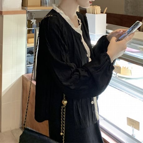 ノーカラー ブラウス シャツ パフスリーブ 長袖 レトロ 韓国ファッション レディース 大人可愛い ガーリー フェミニン DTC-666933822296