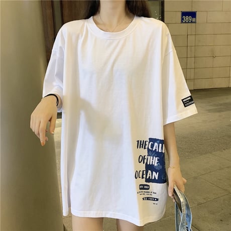 ユニセックス Tシャツ 袖ロゴ バックプリント 半袖 韓国ファッション メンズ レディース 大きめ ルーズ カジュアル ストリート系 DTC-638394646416
