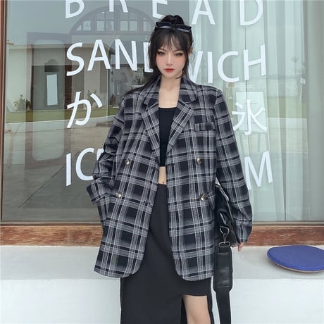 チェック柄 テーラードジャケット ルーズ 韓国ファッション レディース ジャケット ダブルブレスト 大人可愛い ガーリー 大人カジュアル カジュアル DTC-627460867022