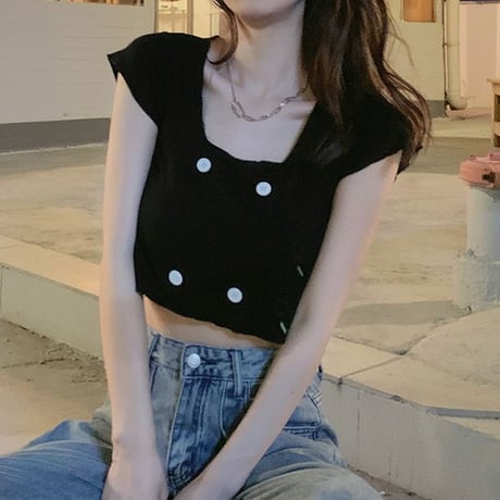 Tシャツ クロップド丈 スクエアネック ダブルボタン ショート丈 へそ出し カットソー トップス 半袖 レトロ 韓国ファッション レディース 大人可愛い ガーリー DTC-679611394353