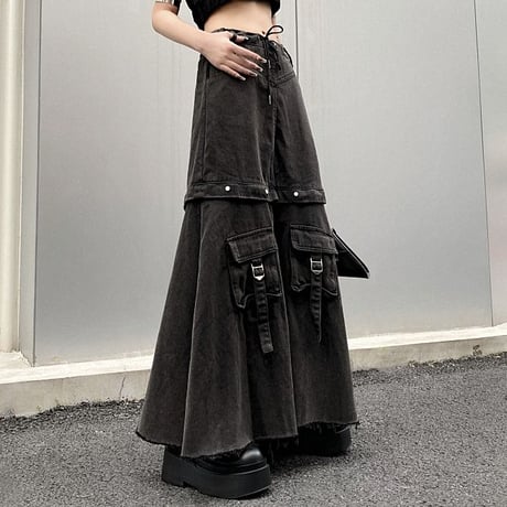2WAY デニムスカート タッセル ハイウエスト Aライン デニム スカート レトロ 韓国ファッション レディース 大人可愛い ガーリー DTC-740222259539