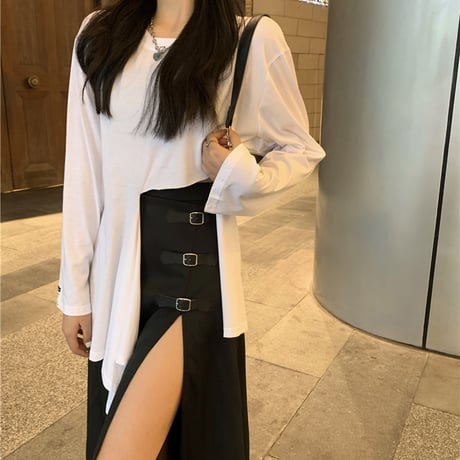 2点セット 不規則 Tシャツ 長袖 ＋ ロングスカート スリット バックル 韓国ファッション レディース セットアップ Tシャツ スカート 大人可愛い ガーリー DTC-626234293153