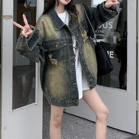 デニムジャケット ダメージ加工 オーバーサイズ Gジャン ジージャン ライトアウター デニム レトロ 韓国ファッション レディース 大人可愛い ガーリー カジュアル DTC-737880611865