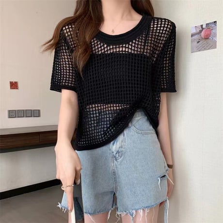 サマーニット メッシュ トップス プルオーバー tシャツ 透かし編み クルーネック ショート丈 レイヤードトップス 半袖 レトロ 大人可愛い ガーリー カジュアル DTCA-676945045996