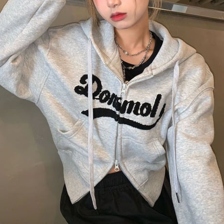 ダブルジップ パーカー ショート丈 トップス ルーズ 長袖 レトロ 韓国ファッション レディース 大人可愛い ガーリー カジュアル DTC-700158220813