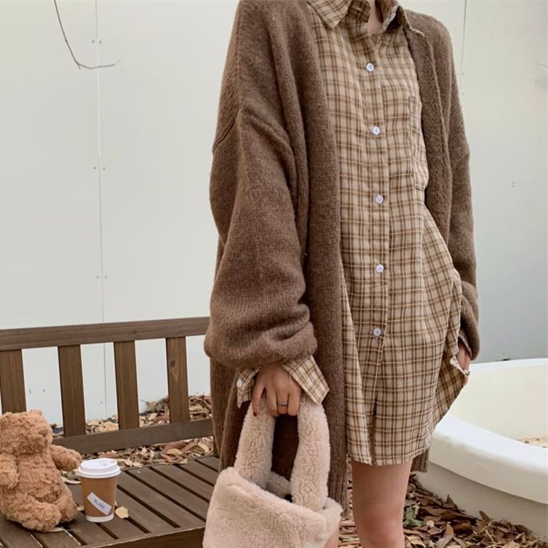 セット商品 チェックシャツ カーディガン ランタンスリーブ ニット