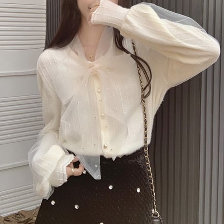 ブラウス リボン チュール ルーズ 長袖 ボウタイリボン シフォン レトロ 韓国ファッション レディース 大人可愛い ガーリー フェミニン DTC-688555494738