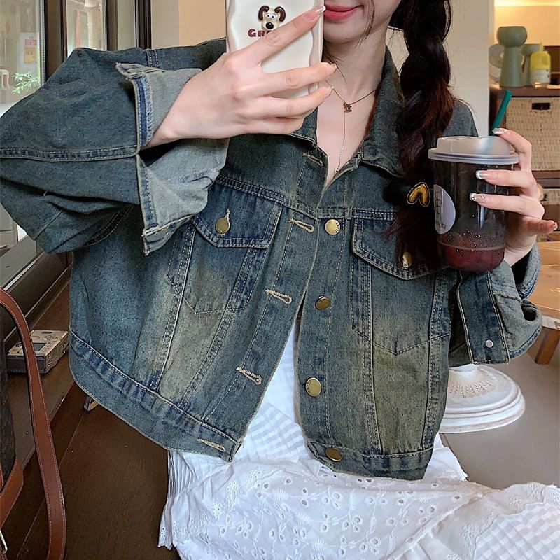 デニムジャケット バックレースアップ ショート丈 編み上げ ウォッシュ