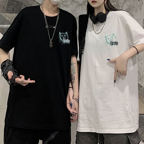 ユニセックス Tシャツ ネコプリント バックプリント 半袖 韓国ファッション メンズ レディース 大きめ ルーズ カジュアル ストリート系 DTC-638753135798