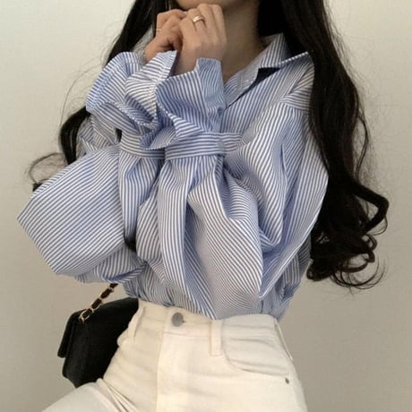 ストライプ柄 ブラウス パフスリーブ 袖ベルト シャツ トップス ルーズ 長袖 レトロ 韓国ファッション レディース 大人可愛い ガーリー DTCA-781970734875