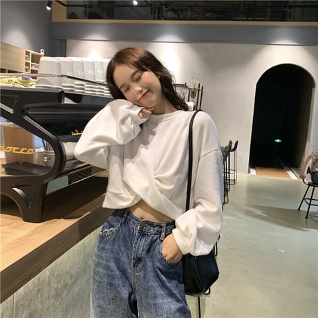 フロント 絞りデザイン トレーナー カットソー 長袖 韓国ファッション レディース 無地 ショート丈 へそ出し ゆったり ルーズ トップス 大人可愛い ガーリー DTC-623958357165