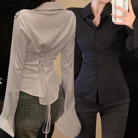 ブラウス シャツ ショート丈 バックリボン レースアップ 編み上げ スリムフィット バックコンシャス スリムブラウス 長袖 レトロ 大人可愛い ガーリー DTCA-893438429545